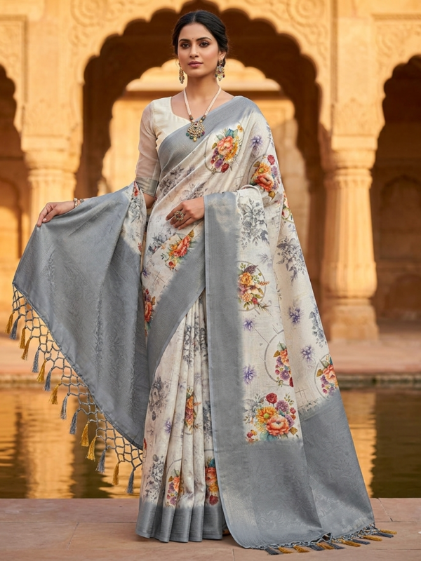White Georgette printed saree