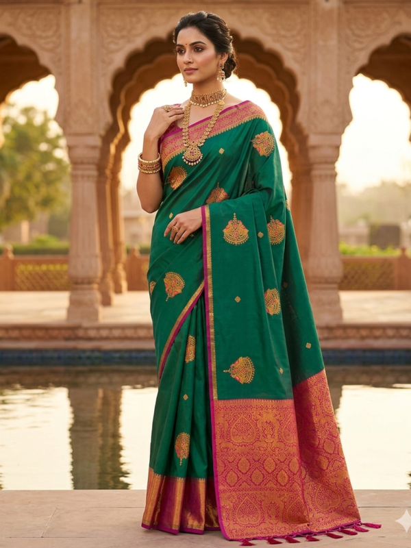 Vibrant green soft silk saree